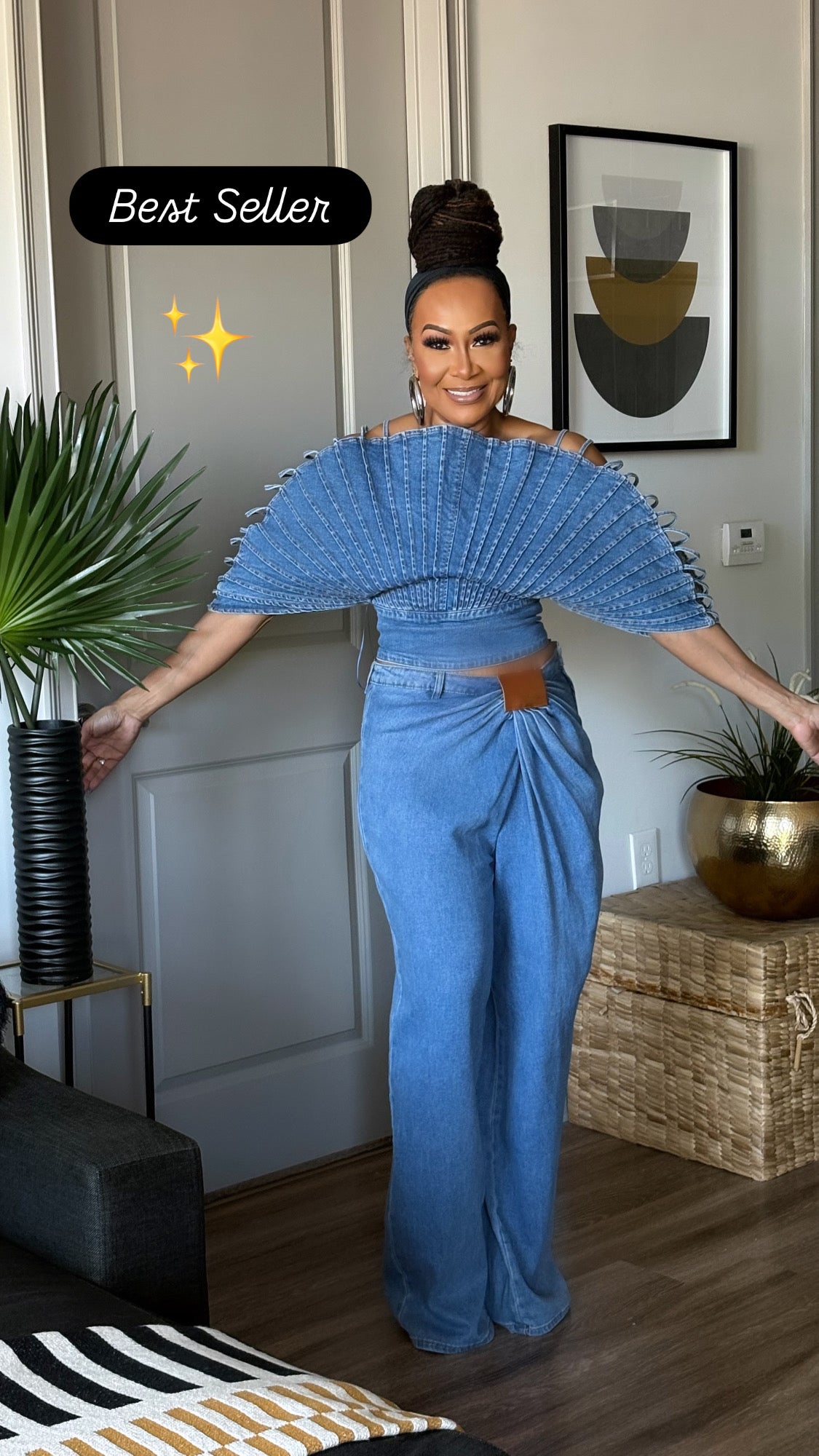 WIDE LEG DENIM WITH BROWN PATCH FEATURE