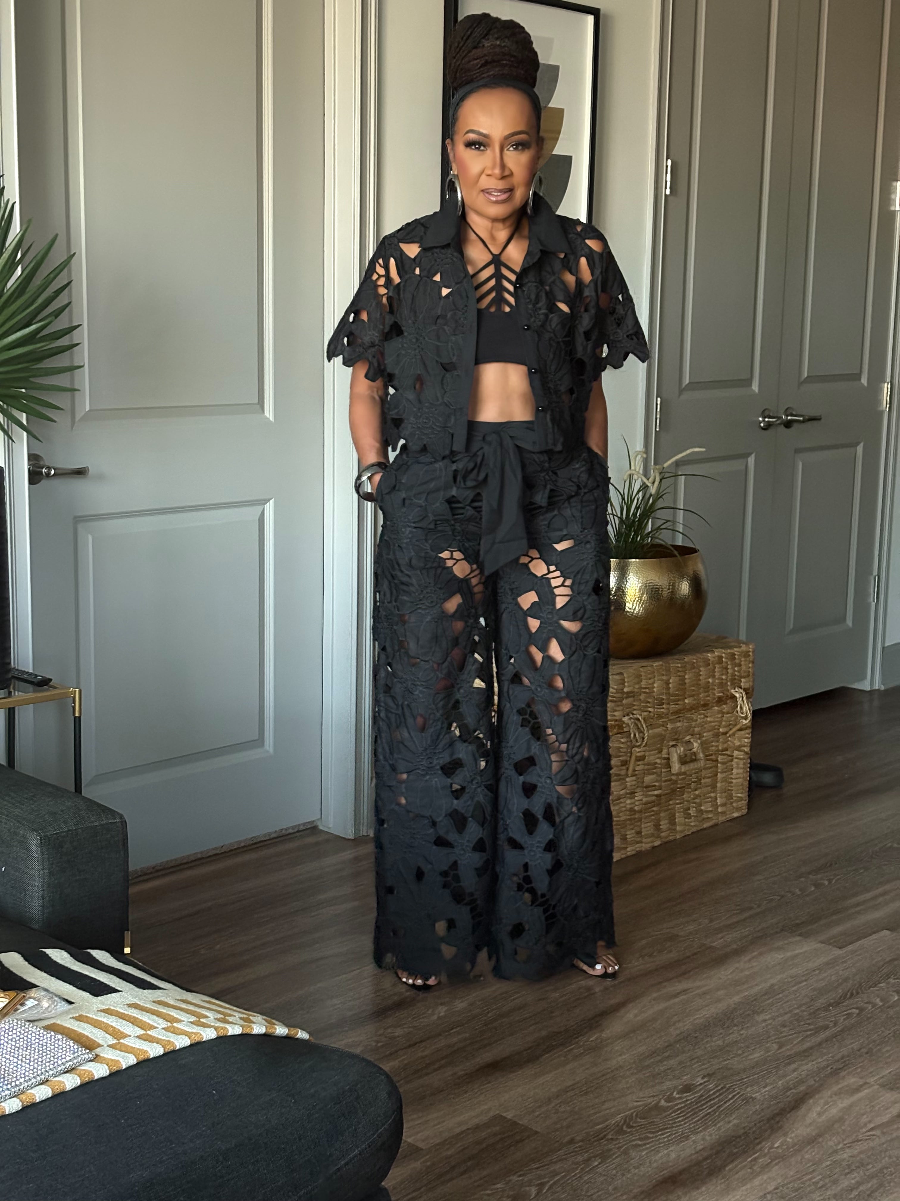 BLACK LACE PANT SET
