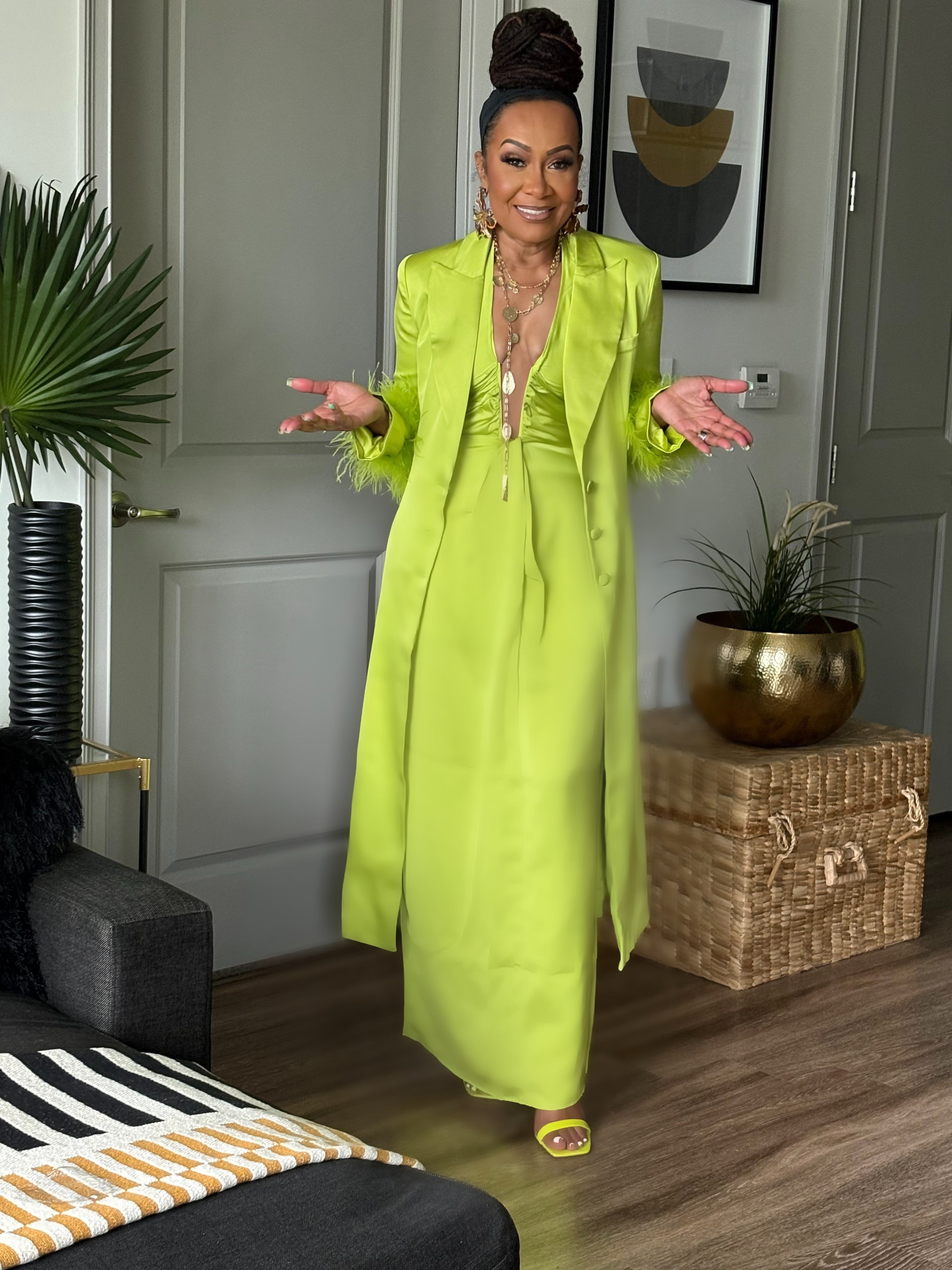 LIME LIGHT LUXE FEATHER TRIM TRENCH COAT