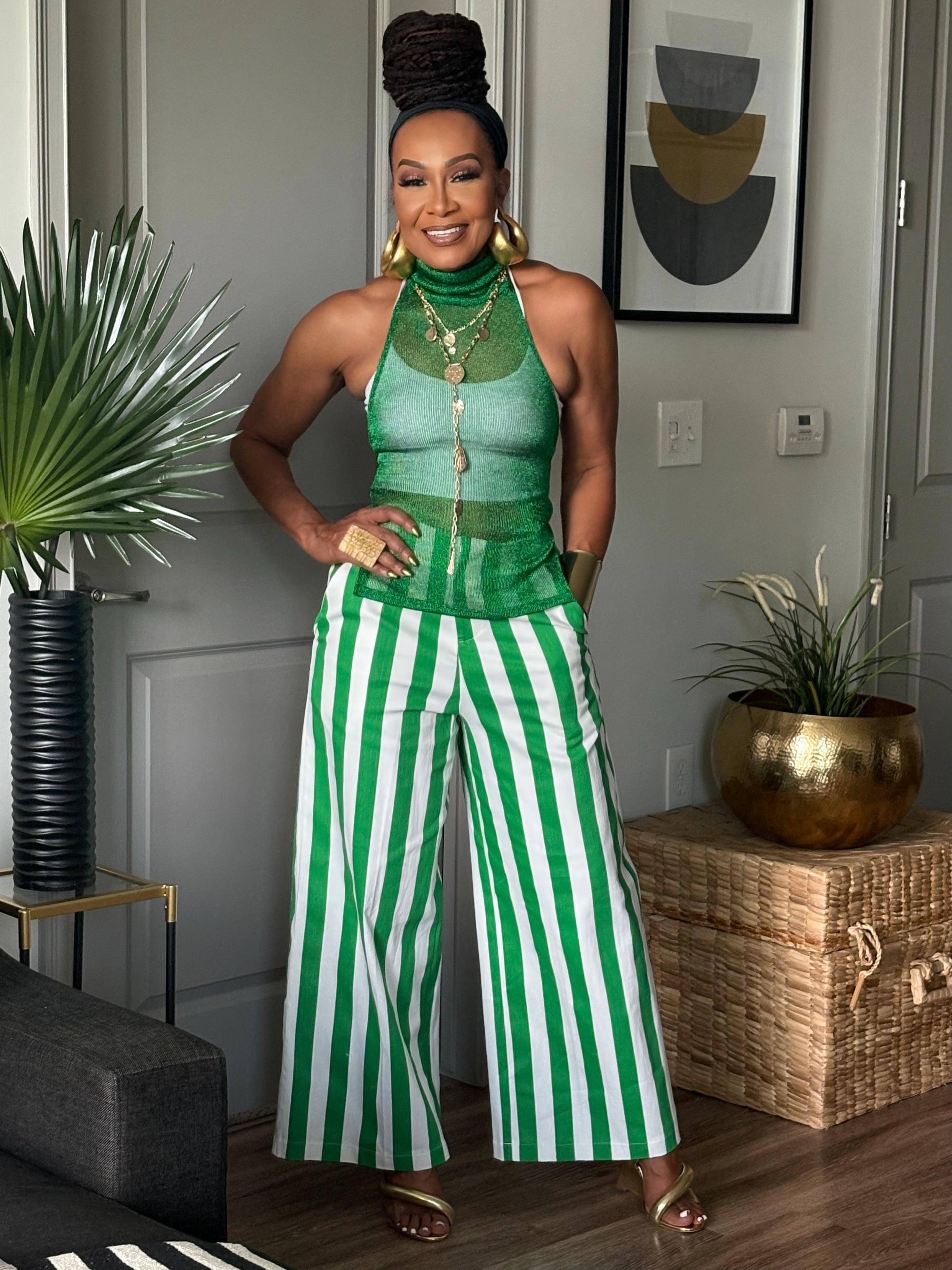 THE RESORT READY EMERALD GREEN & WHITE STRIPED PANT