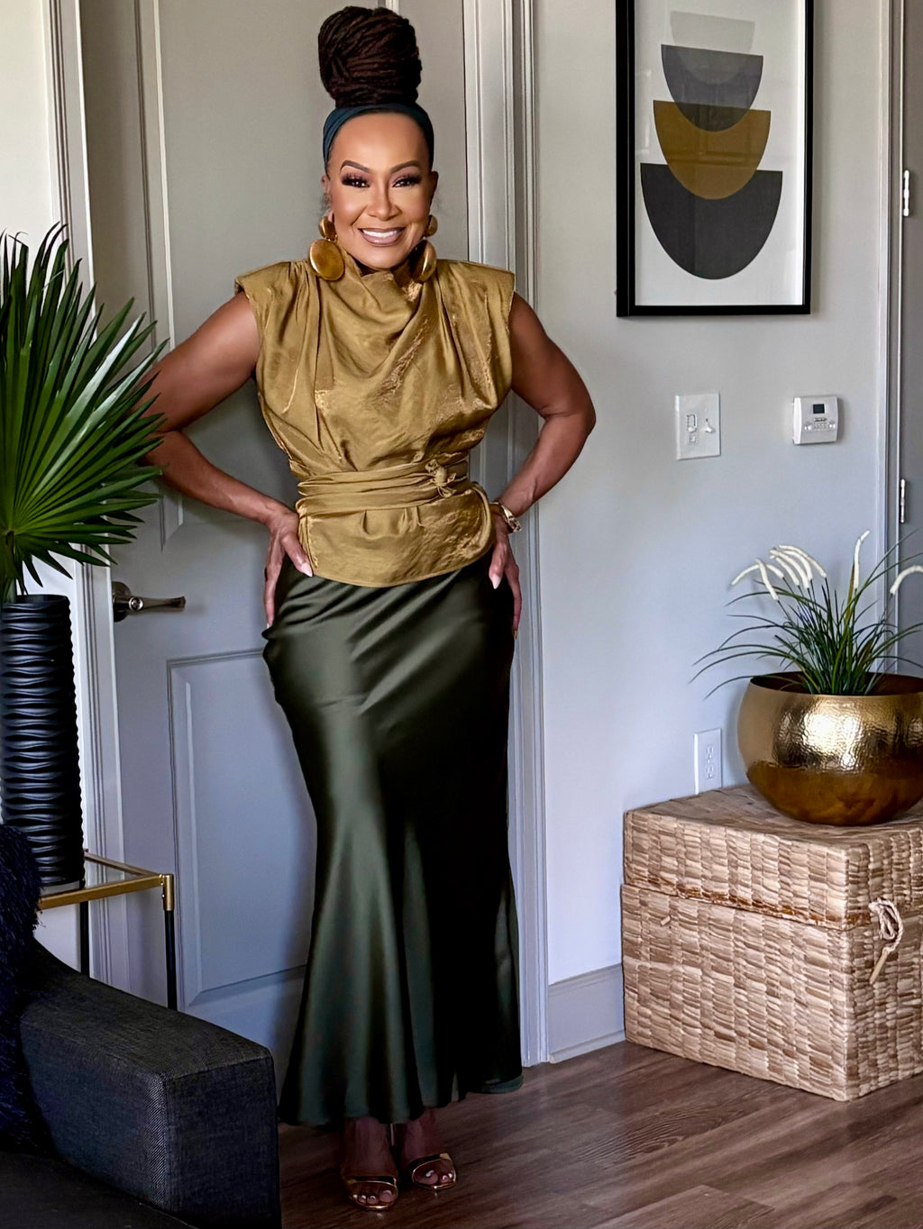 THE LUXE LIQUID SATIN SKIRT IN OLIVE GREEN