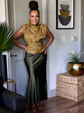 THE LUXE LIQUID SATIN SKIRT IN OLIVE GREEN