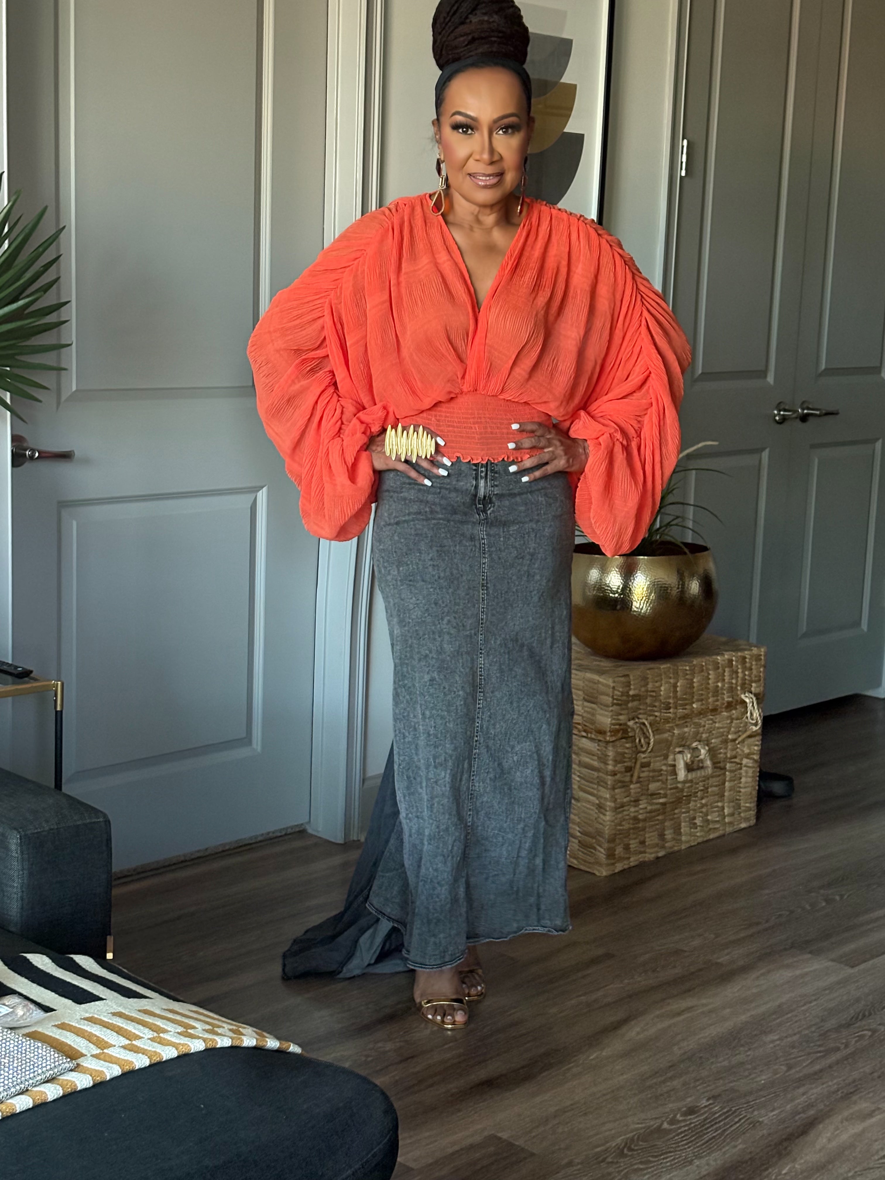 ORANGE RUFFLED SLEEVE V NECK TOP